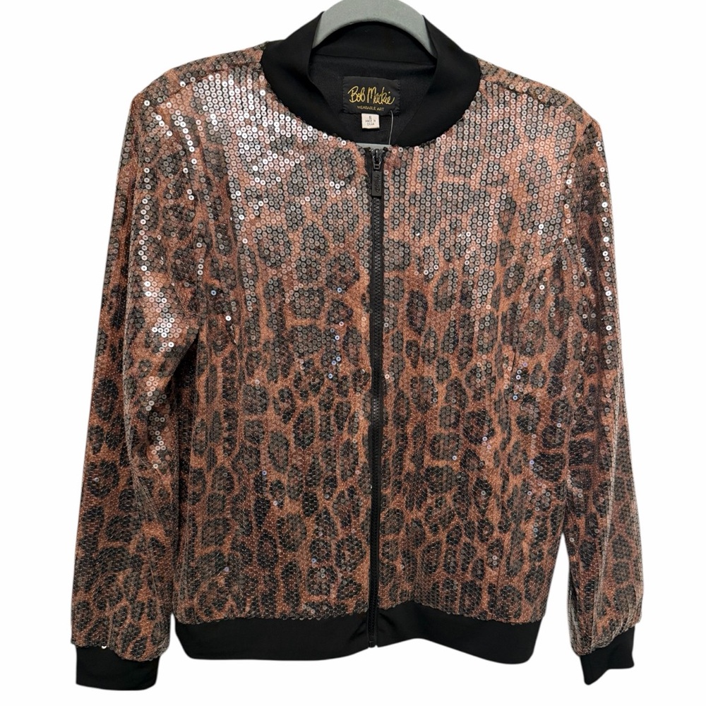 NWT New Bob Mackie Wearable Art Leopard Print Sequin Bomber Jacket size small